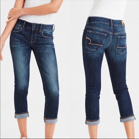 American Eagle Womens Dark Whiskered Factory Faded Artist Crop Jeans Size 0 - Picture 1 of 10